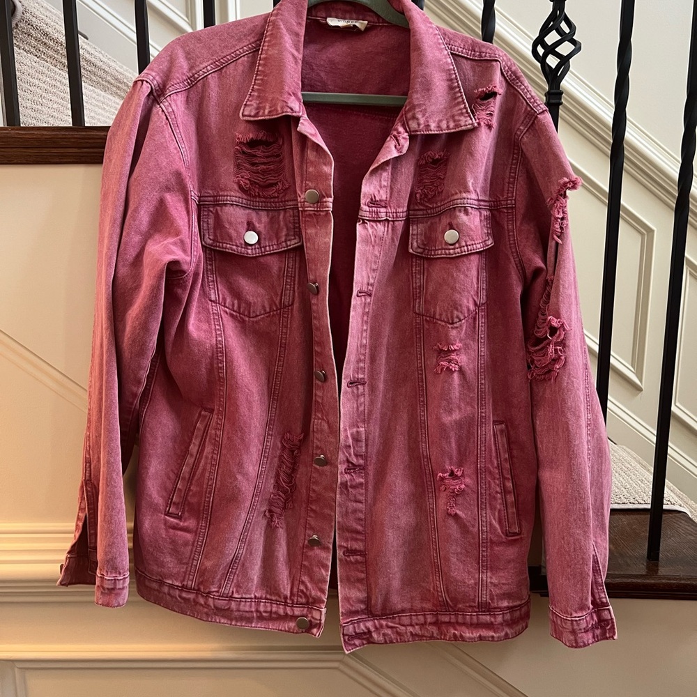 UMGEE Distressed Red Denim trucker Jacket large